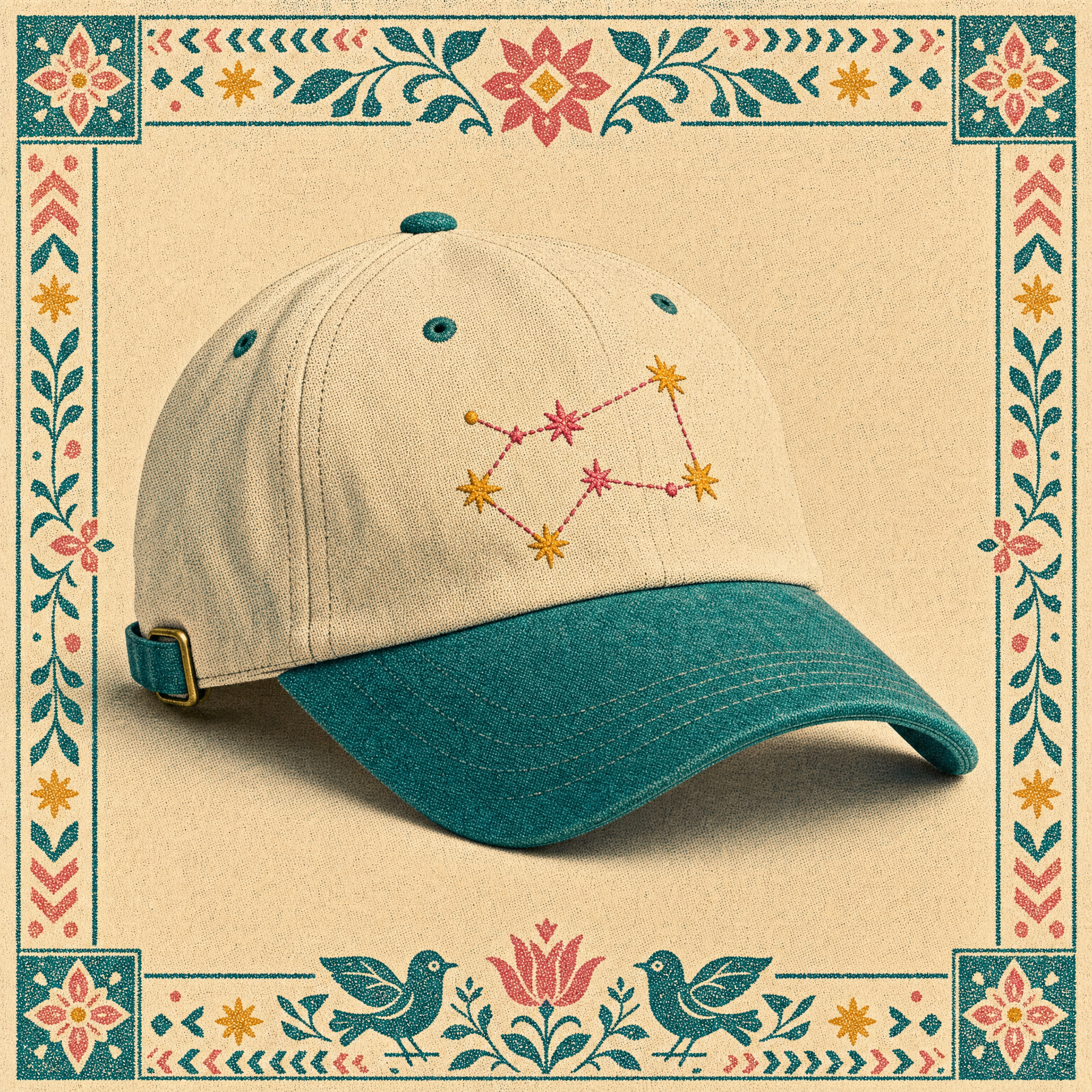 Folk Constellation Cap · cream and teal six-panel dad cap with an embroidered star-thread constellation