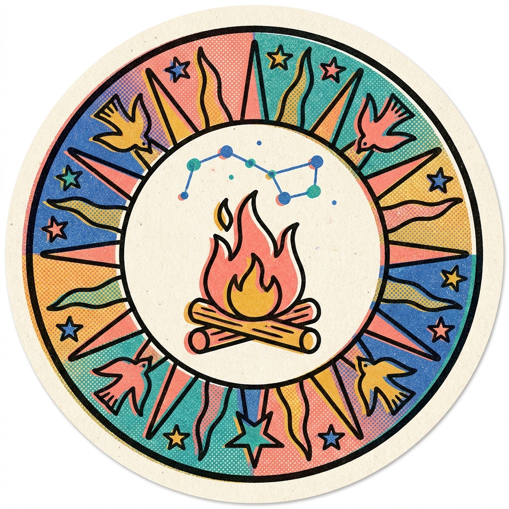 Folk medallion enamel pin · hearth and constellation in a folk border