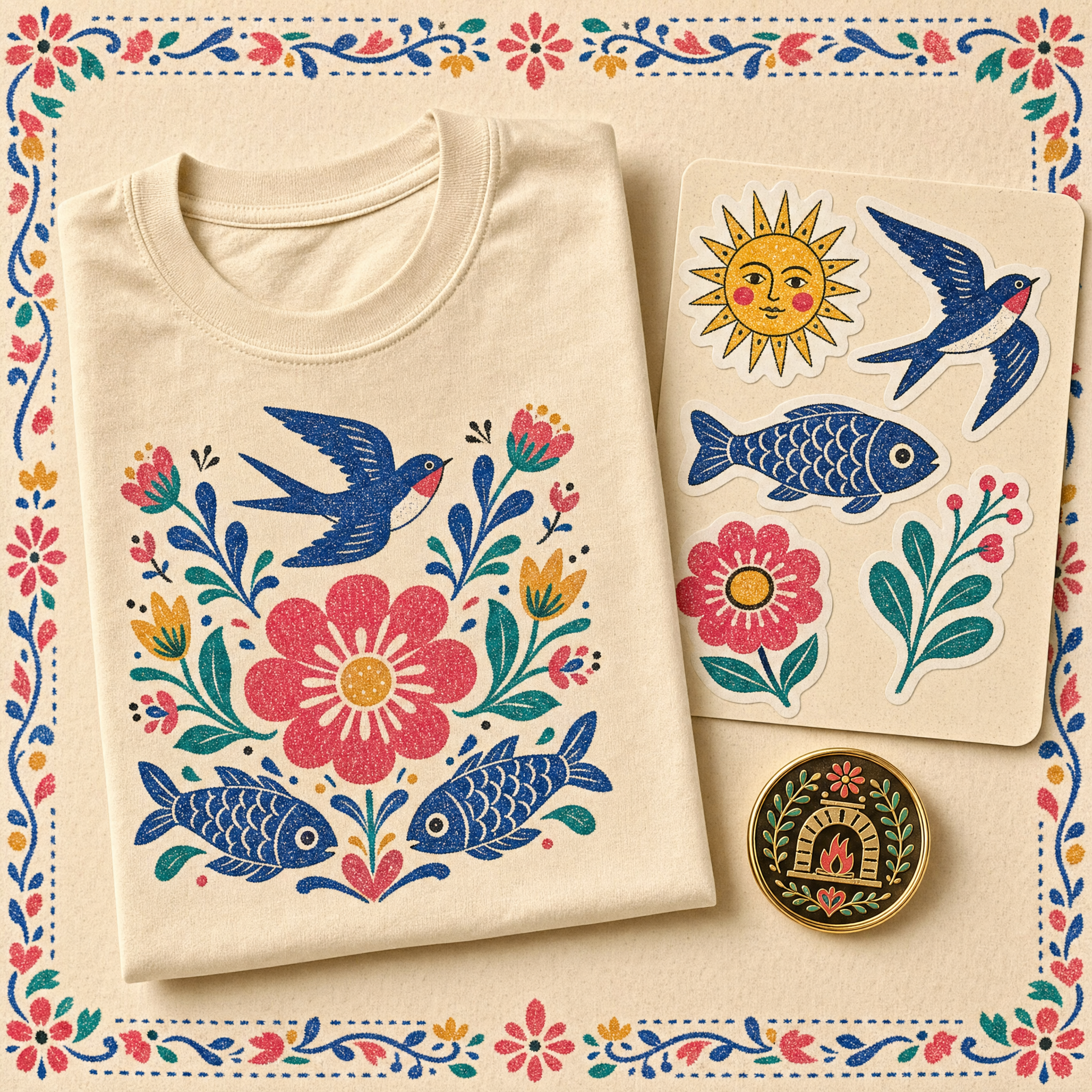 Genesis Commons Kit Bundle · flat-lay of the folk-print tee, sticker sheet, and gold hearth enamel pin