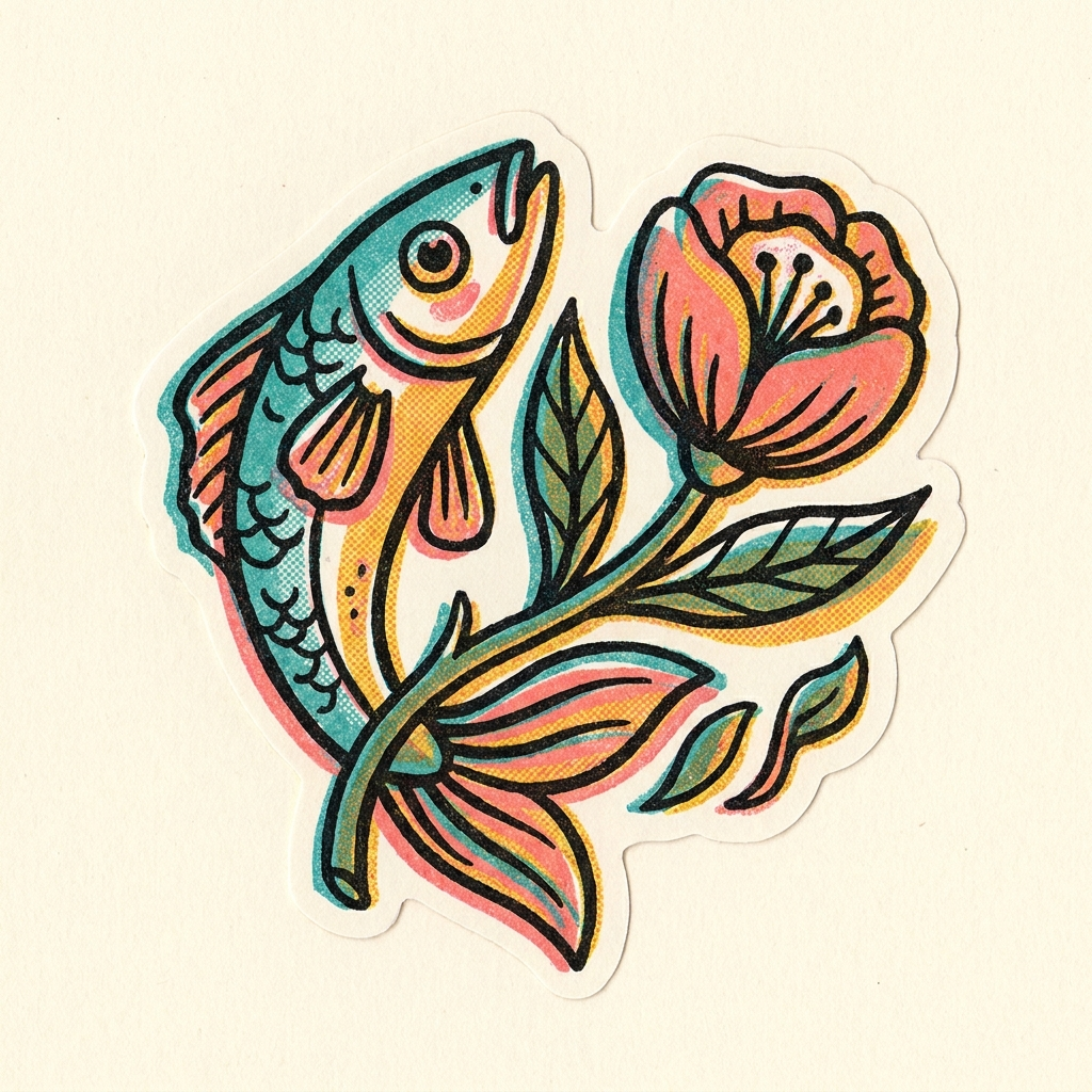Swallow and Fish diptych · folk-pop prints of a swallow and a fish with a flower
