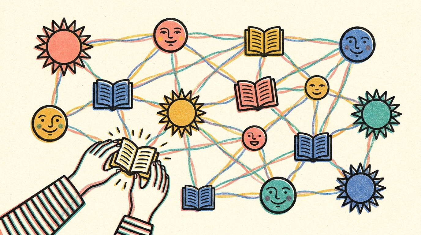 The Knowledge Graph · folk-pop poster of connected story-nodes