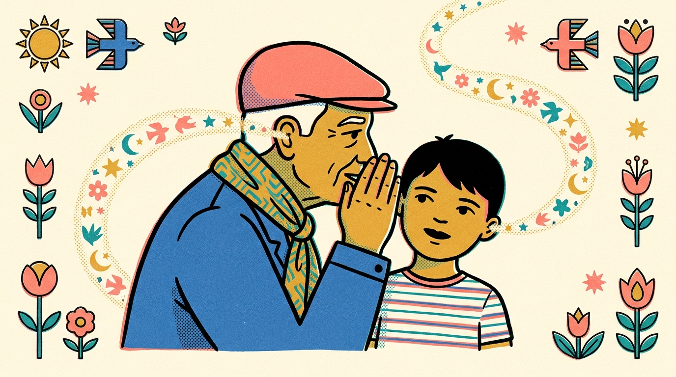 Mouth to Ear · folk-pop art print of an elder whispering to a child