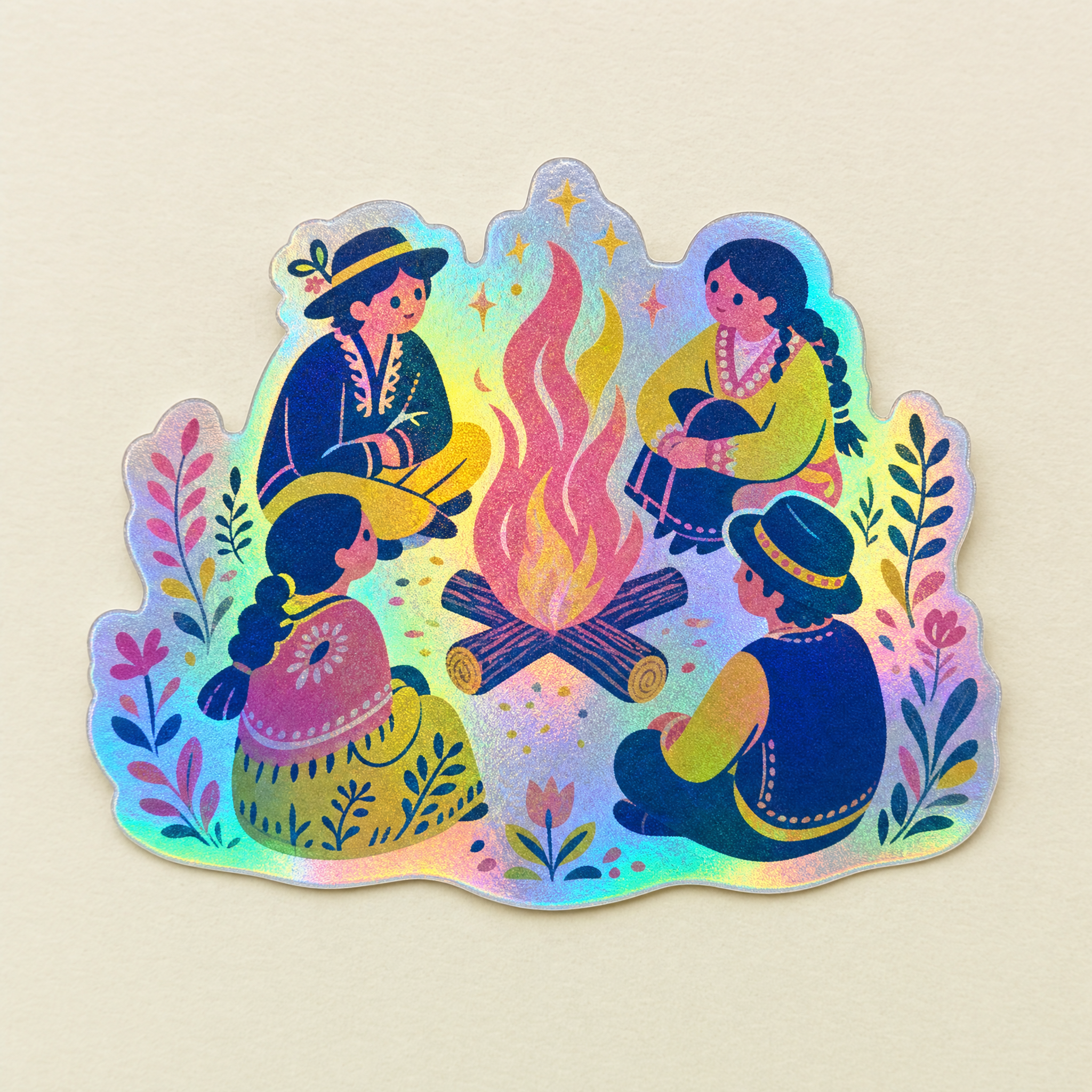 Holofoil single sticker · die-cut rainbow-foil folk campfire-and-gathered-folk