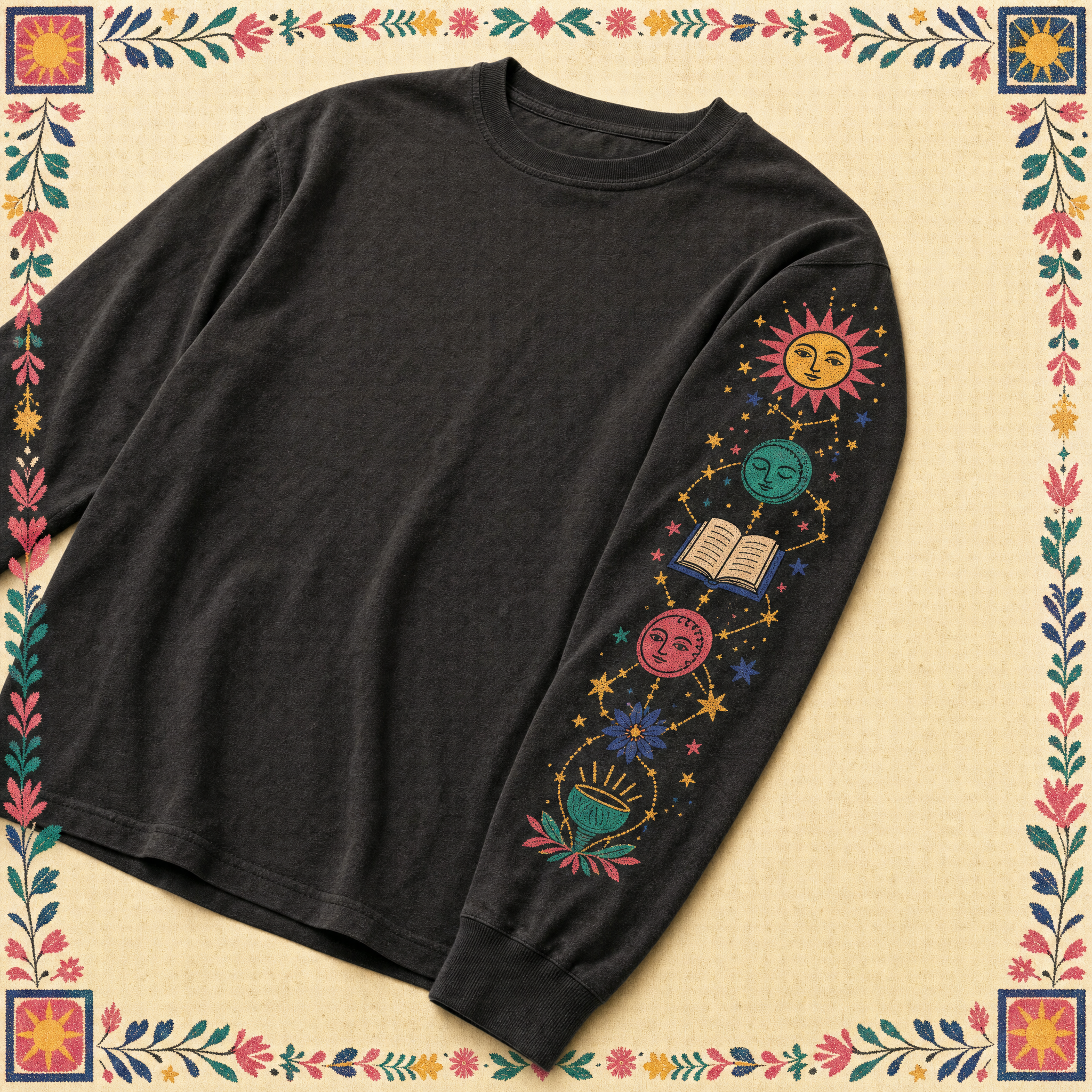 Network-Before-Web long-sleeve · charcoal shirt with a folk knowledge-graph motif down the sleeve