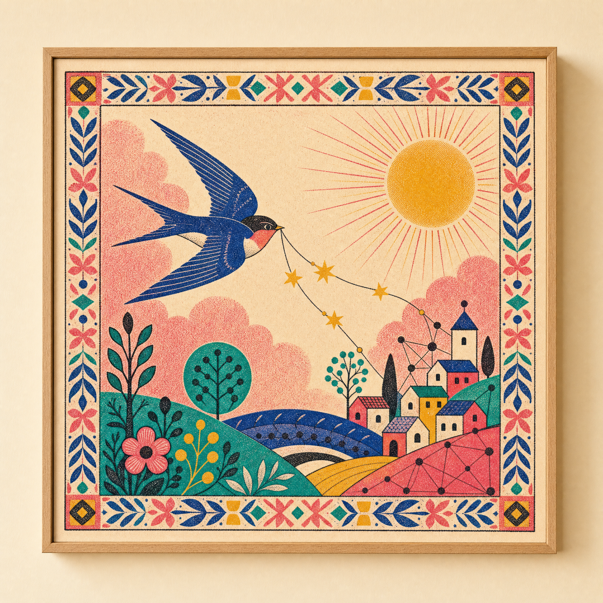 Network Before Web poster · folk-pop framed print of a swallow carrying star-thread from the sun to a village of nodes