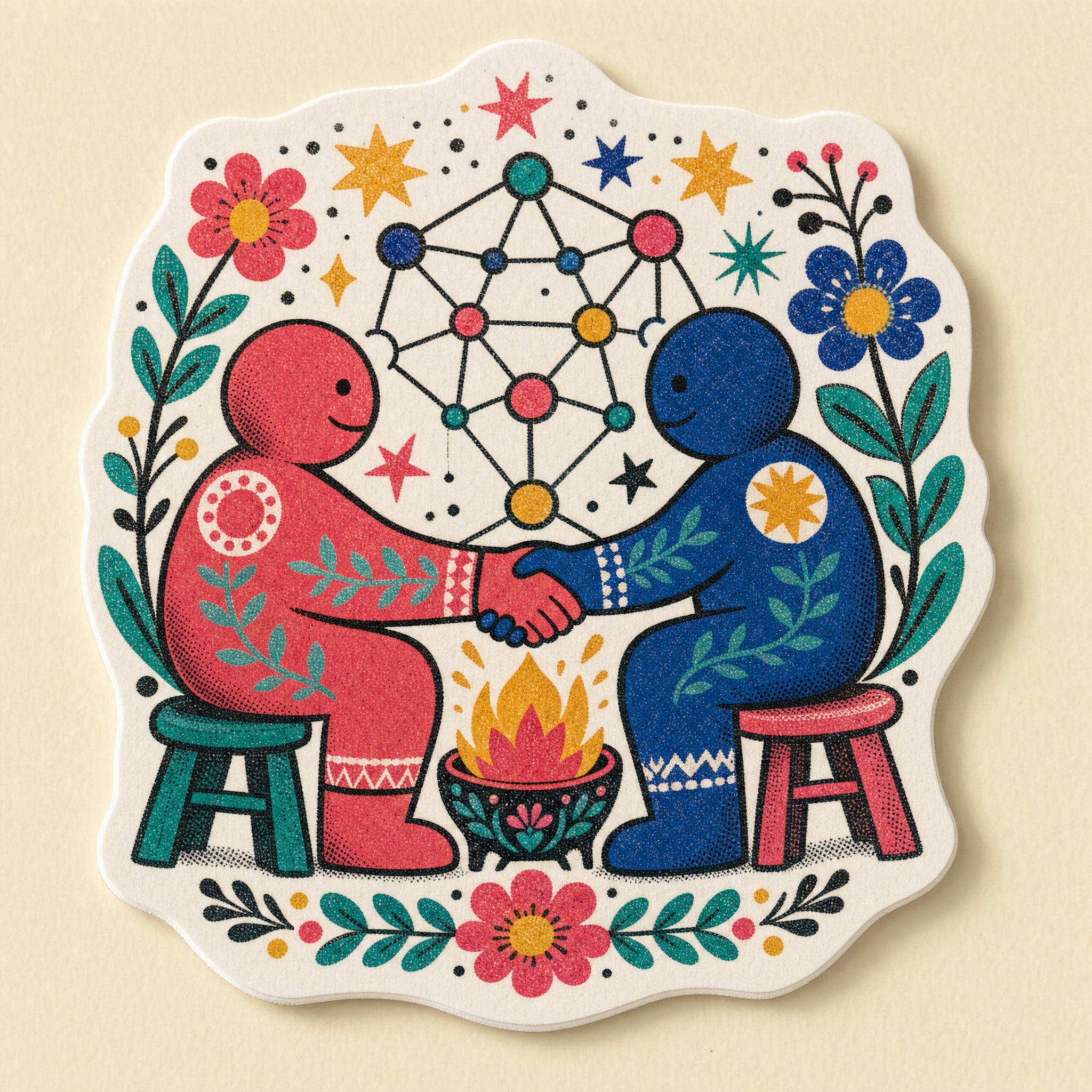 Peers First slap sticker · bold folk badge of two nodes shaking hands over a hearth