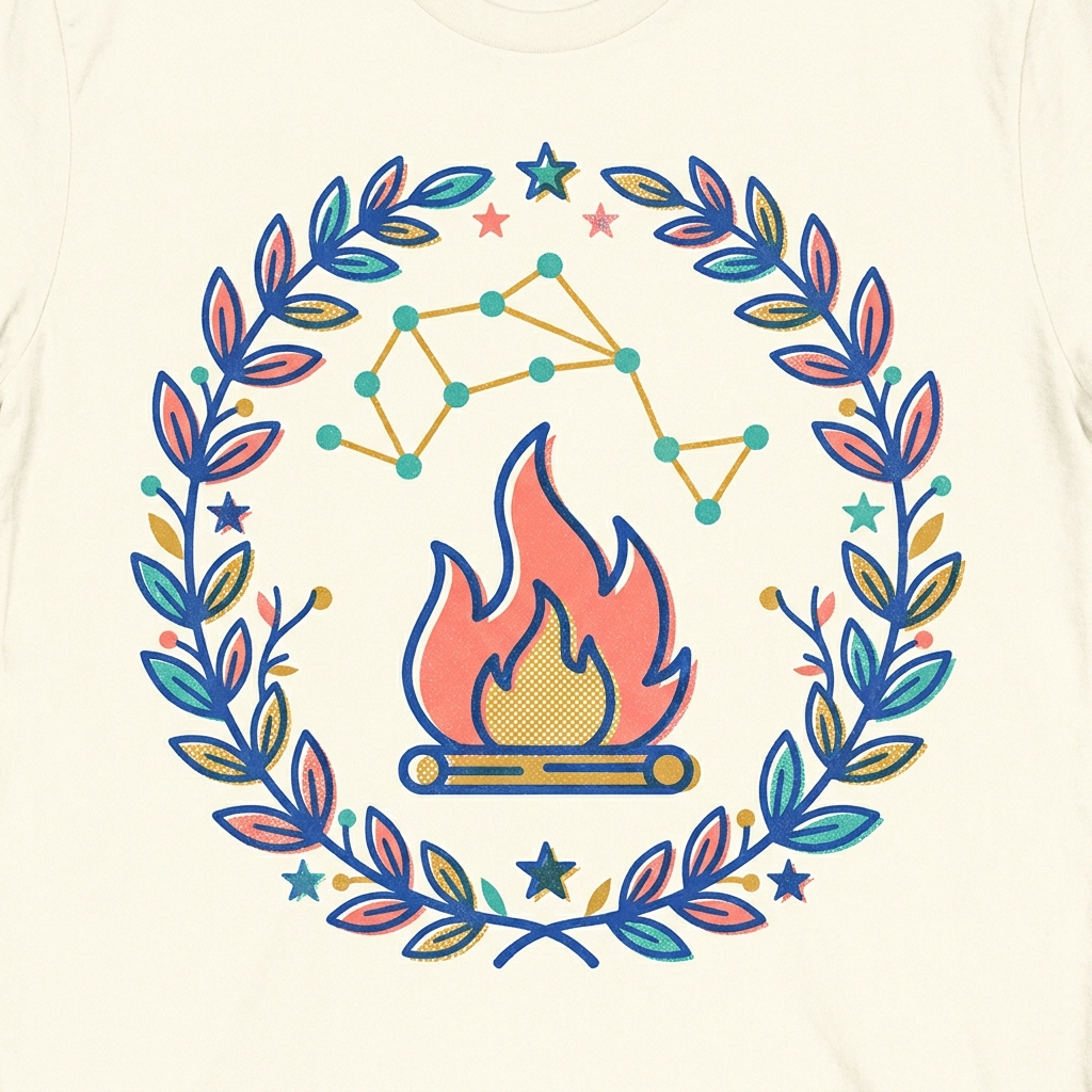 The Hearth · folk-pop risograph crest of a flame inside a laurel and constellation